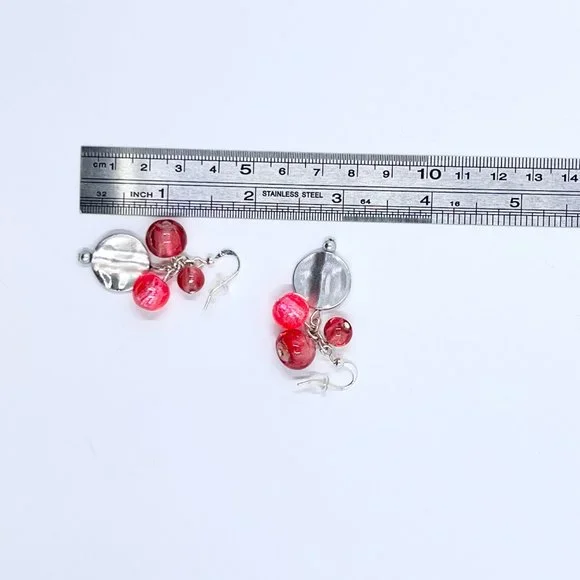 NWT - Charming Charlie - Coral Glass Beaded Disk Dangle Silver Tone Earrings - Picture 7 of 7